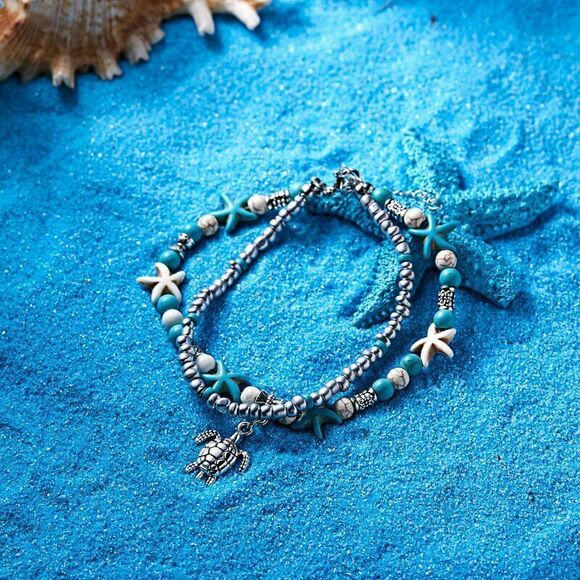 NEW By the Sea Double Ankle Bracelet Starfish Turtle Turquoise Ivory Silver - Picture 5 of 8